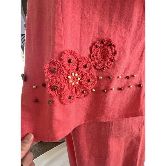 Vintage K-Studio 2 Piece Maxi Dress & Jacket Set Linen Embroidered Coral Pink Lg - Picture 4 of 16